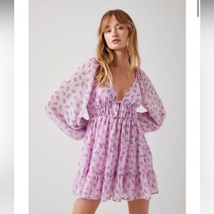 Lilac Purple Floral Long Sleeve Babydoll Mini Dress